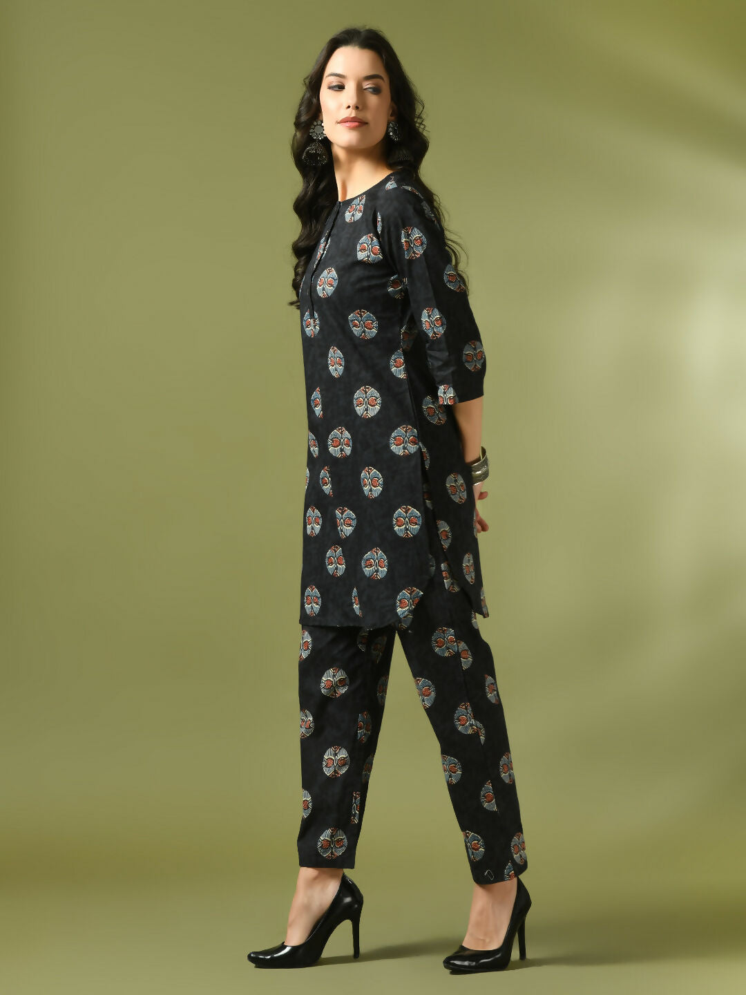 Myshka Women's Black Printed Cotton Round Neck Party Tunic With Trousers Co-ord set - Swadesiicart