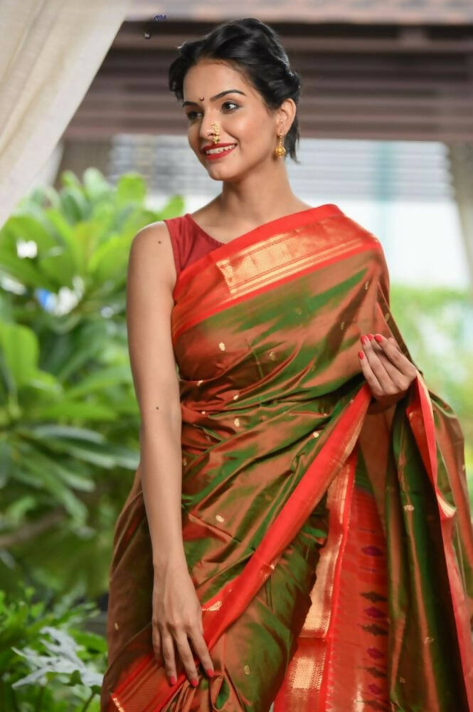 Very Much Indian Pure Silk Yeola Handloom Green Red Dual Tone - Paithani Saree With Traditional Double Pallu | Swadesiicart