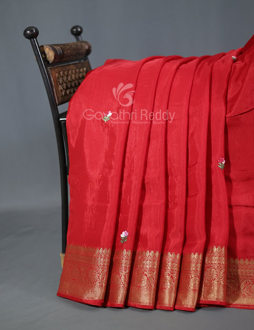Vibrant Bright Red With Floral Motifs Pure Dola Silk Saree By Gayathri Reddy Designer Studio | Swadesiicart