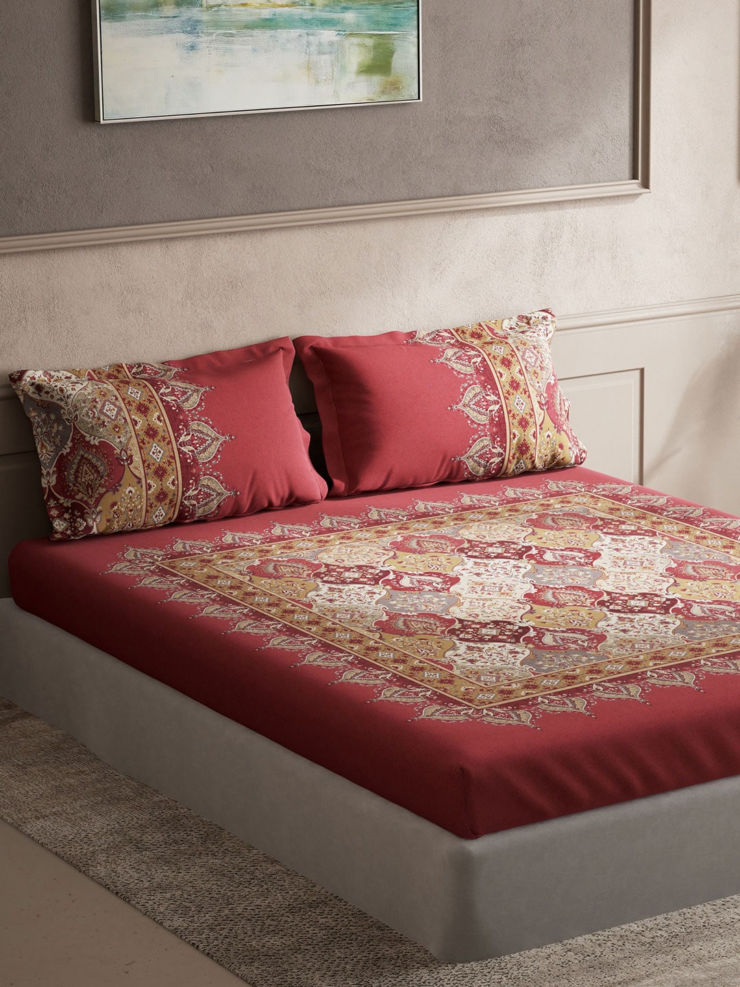 DDecor Red & White Ethnic Motifs Cotton 140 TC King Bedsheet with 2 Pillow Covers - Swadesiicart
