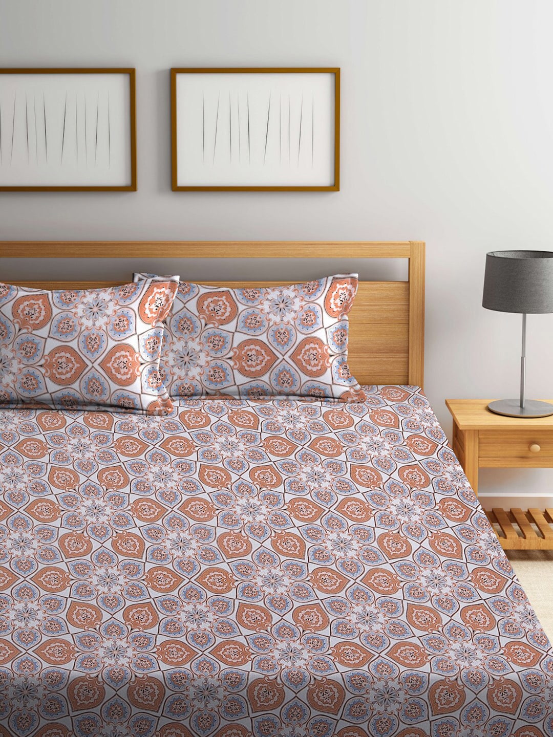 BOMBAY DYEING Brown & White Ethnic Motifs Cotton 104 TC King Bedsheet with 2 Pillow Covers - Swadesiicart