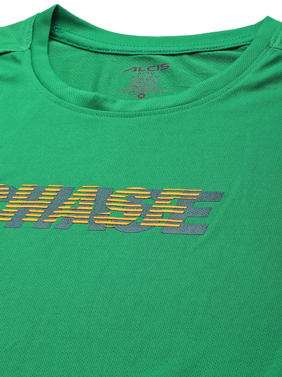 Alcis Men Green & Yellow Typography Printed Slim Fit Running T-shirt | Swadesiicart