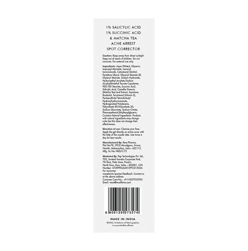 mCaffeine 1% Salicylic Acid 1% Succinic Acid & Matcha Tea Acne Arrest Spot Corrector - Treats Active Acne - Swadesiicart