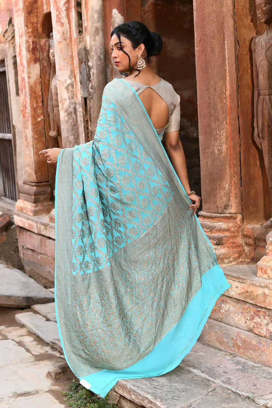 Joban Fashion Teal Green Crepe Chiffon Pure Handloom Banarasi Silk Saree | Swadesiicart