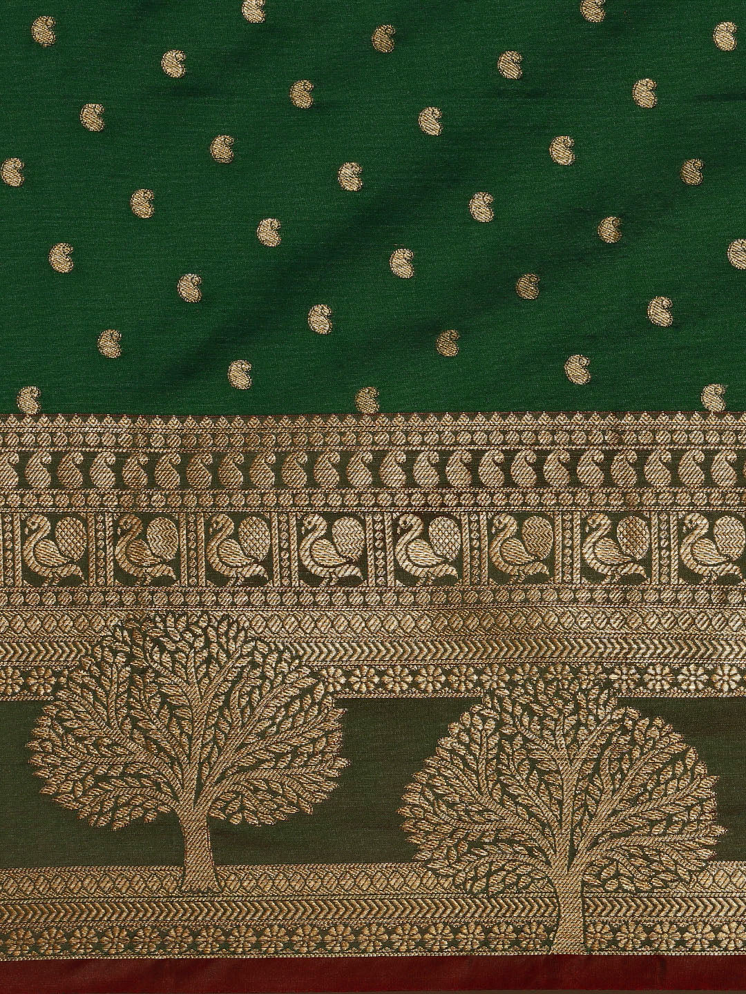 Mitera Green & Gold-Toned Woven Design Zari Silk Cotton Banarasi Saree | Swadesiicart