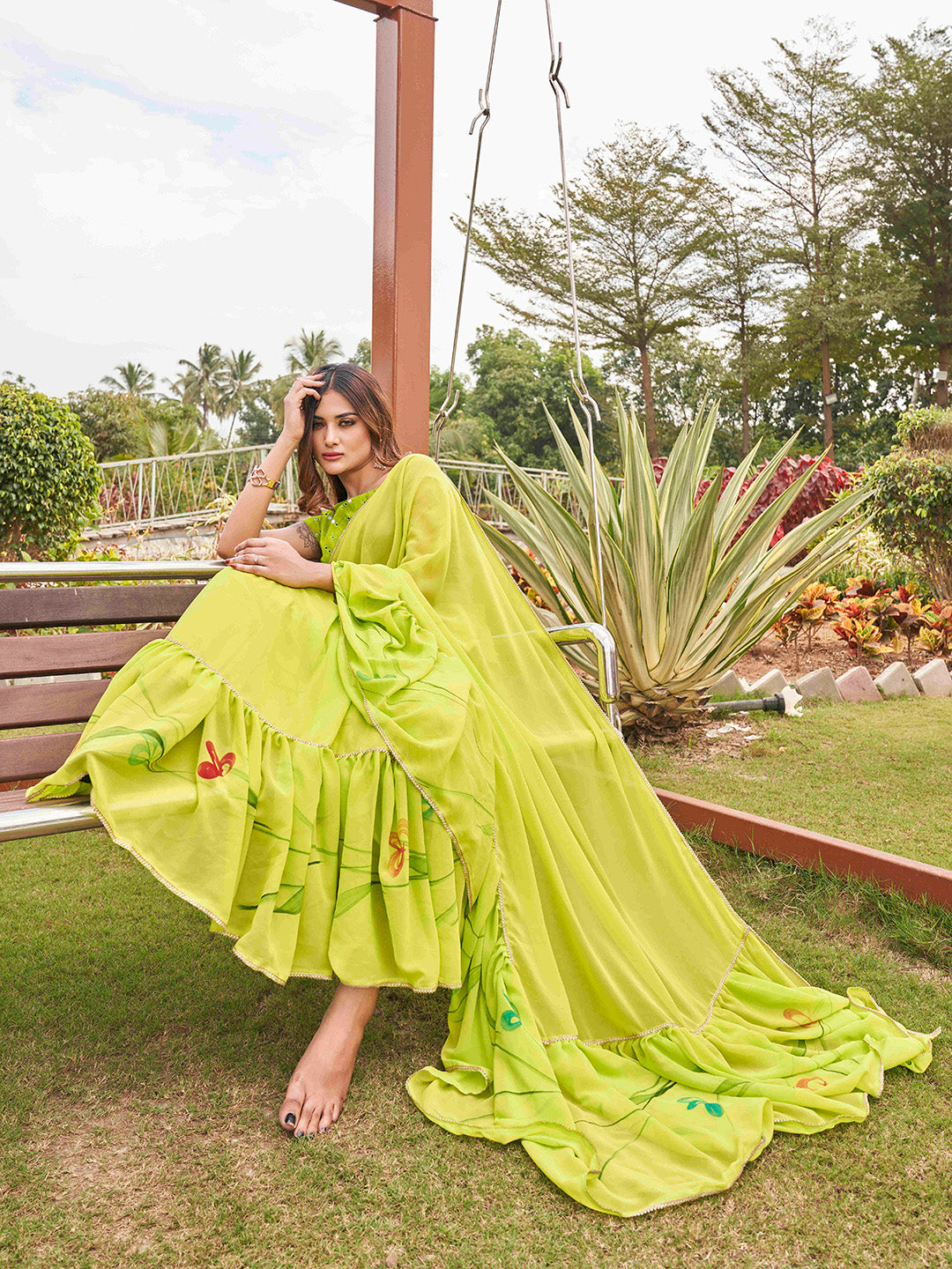 Tikhi Imli Printed Ruffle Saree With Mirror Embroidered Work Blouse | Swadesiicart