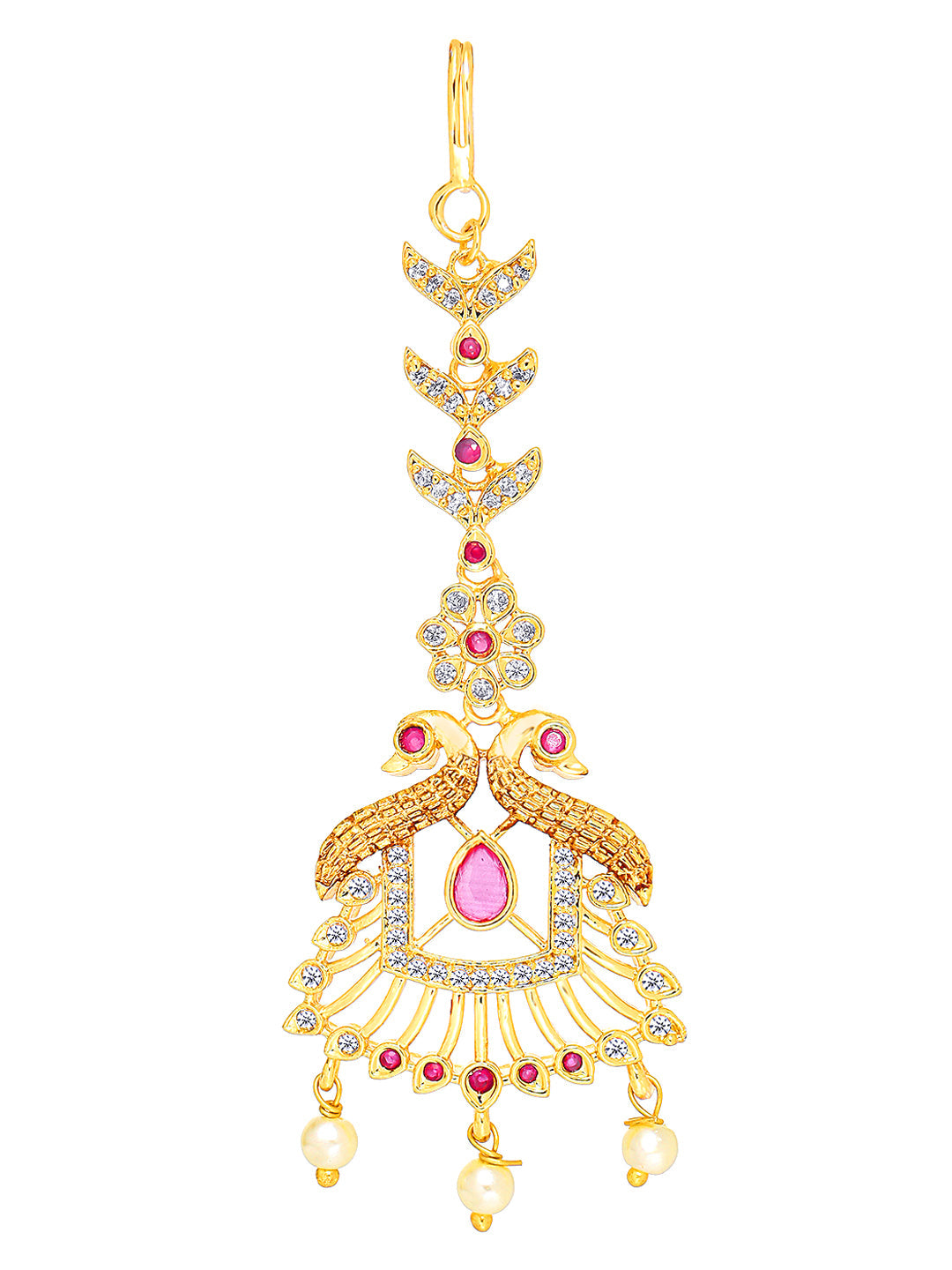 Yellow Chimes Women Gold -Toned Pink & White American Diamond Studded Handcrafted Maang Tikka | Swadesiicart