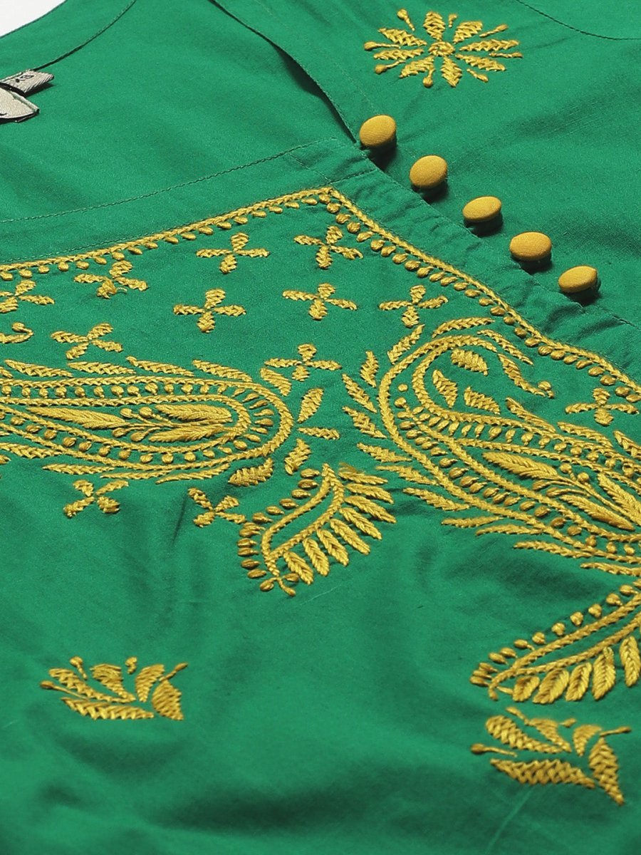 ADA Women Green & Yellow Paisley Chikankari Embroidered Sustainable Handloom Kurta with Trousers | Swadesiicart