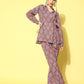 InWeave Women's Pink Blue Ogee Print Belted Coord Set - Swadesiicart