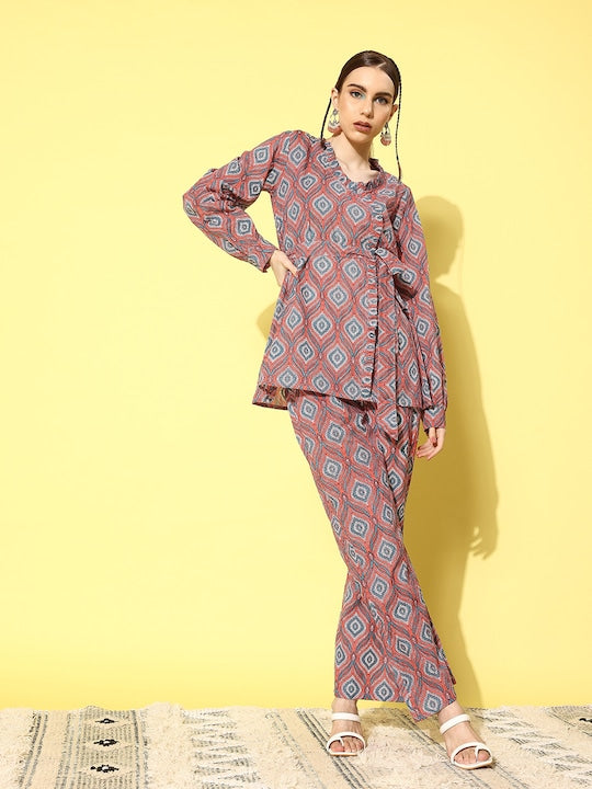 InWeave Women's Pink Blue Ogee Print Belted Coord Set - Swadesiicart