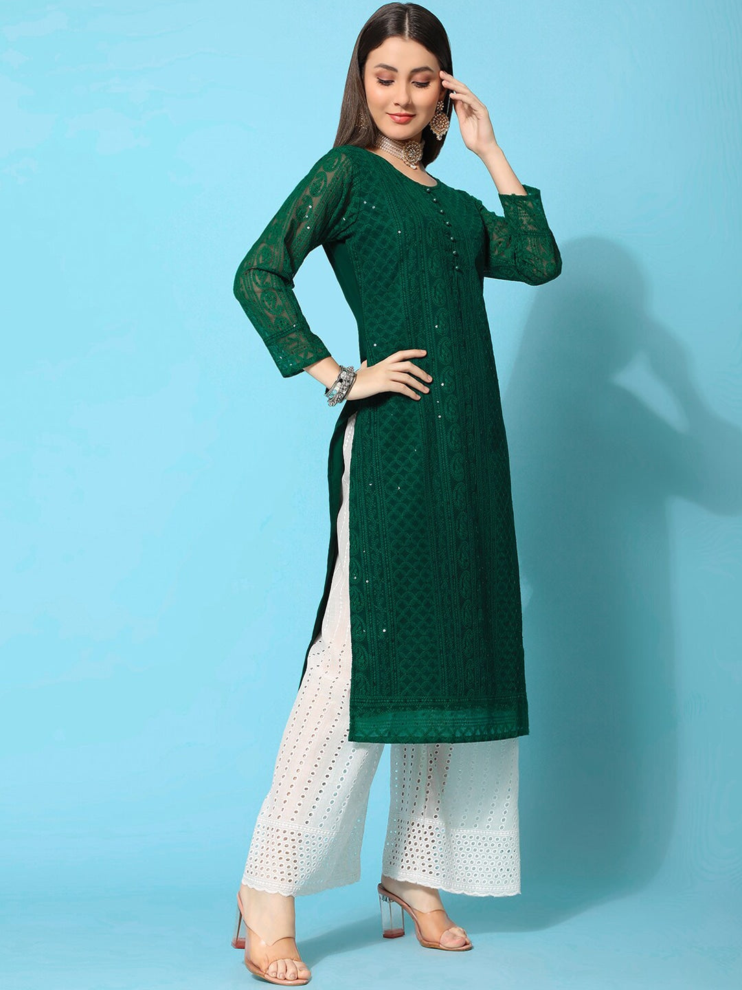 Kalini Ethnic Motifs Embroidered Chikankari Georgette Kurta | Swadesiicart