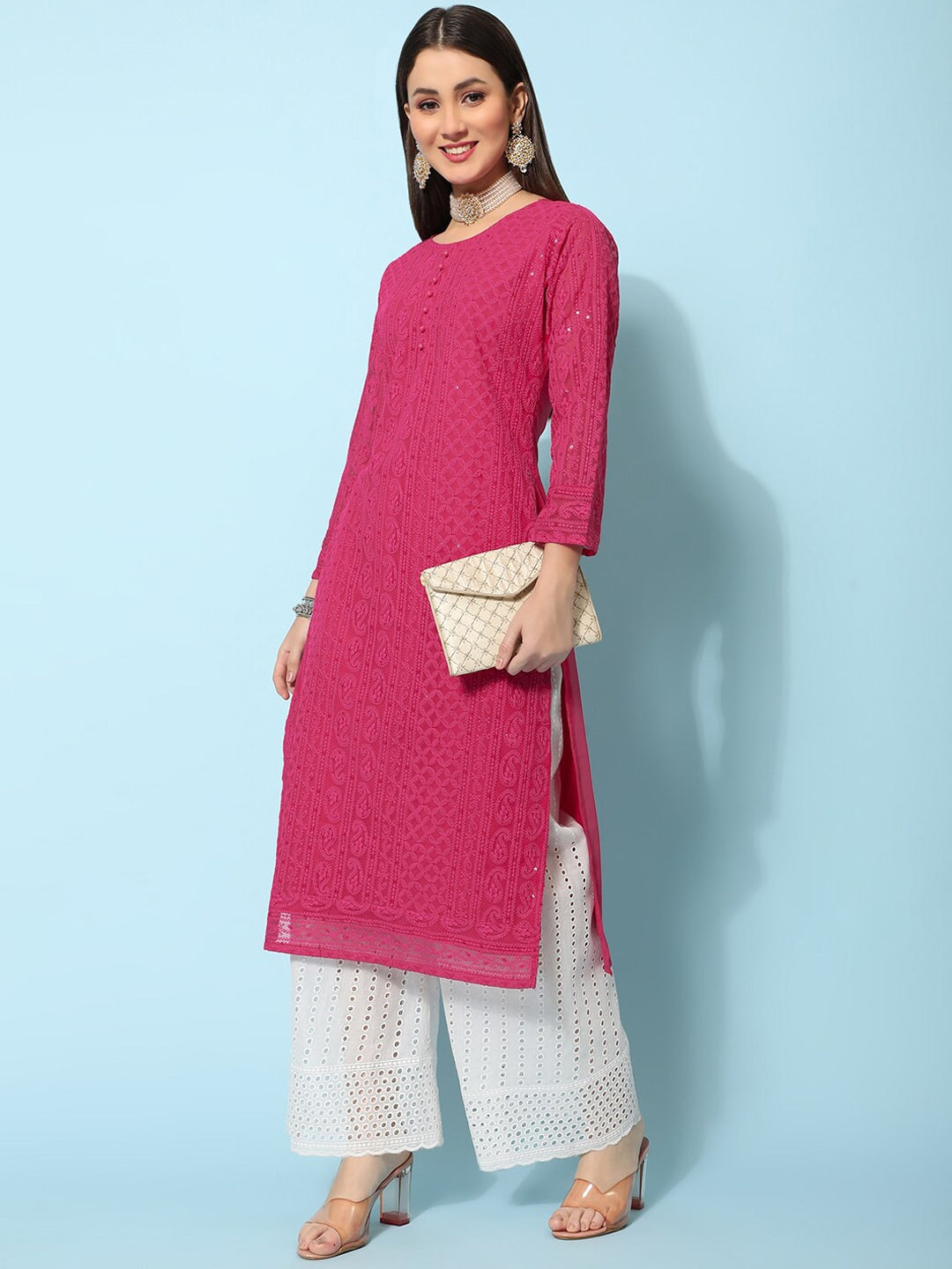 Kalini Ethnic Motifs Embroidered Chikankari Georgette Kurta | Swadesiicart