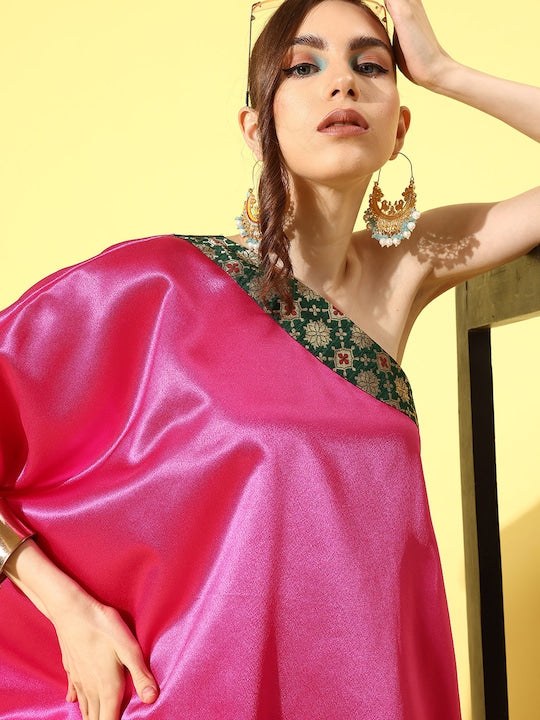 InWeave Women's Pink Green Brocade Satin Oneshoulder Kurta Set - Swadesiicart