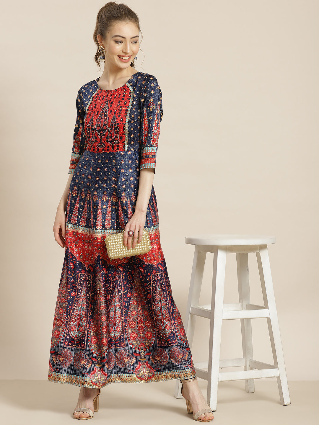 Juniper Womens Navyblue Dull Satin Floral Print Maxi Dress | Swadesiicart