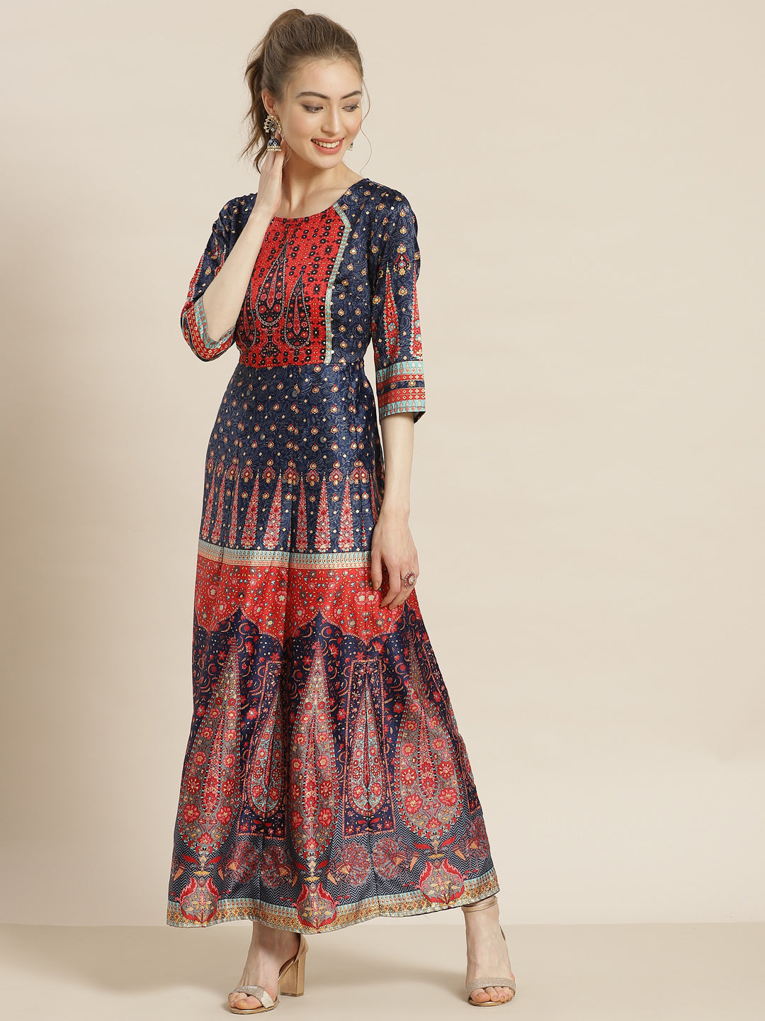 Juniper Womens Navyblue Dull Satin Floral Print Maxi Dress | Swadesiicart