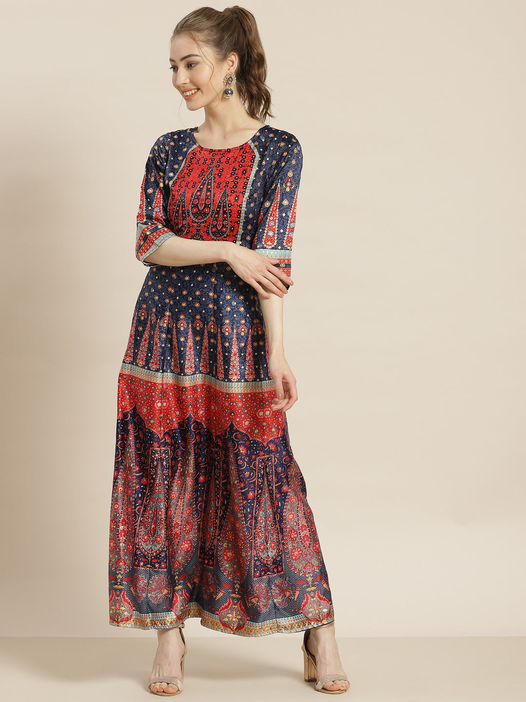 Juniper Womens Navyblue Dull Satin Floral Print Maxi Dress | Swadesiicart