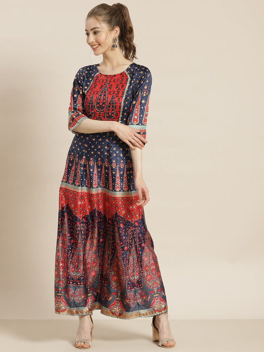 Juniper Womens Navyblue Dull Satin Floral Print Maxi Dress | Swadesiicart