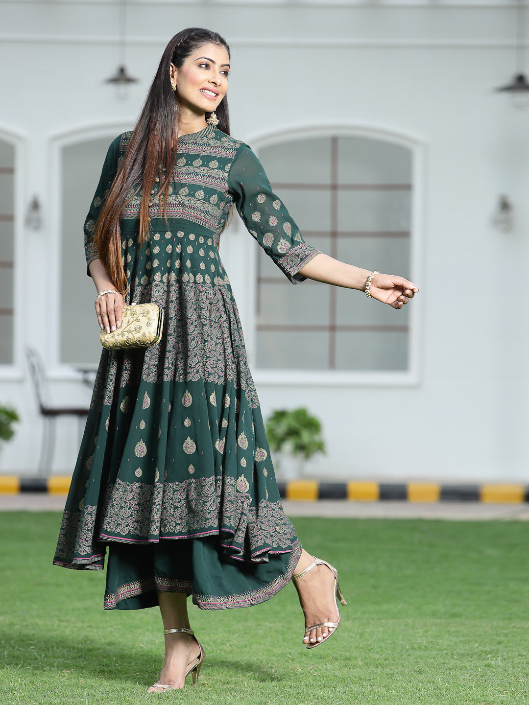 Juniper Womens ONN Jadegreen Georgette Foil Print Maxi Dress | Swadesiicart