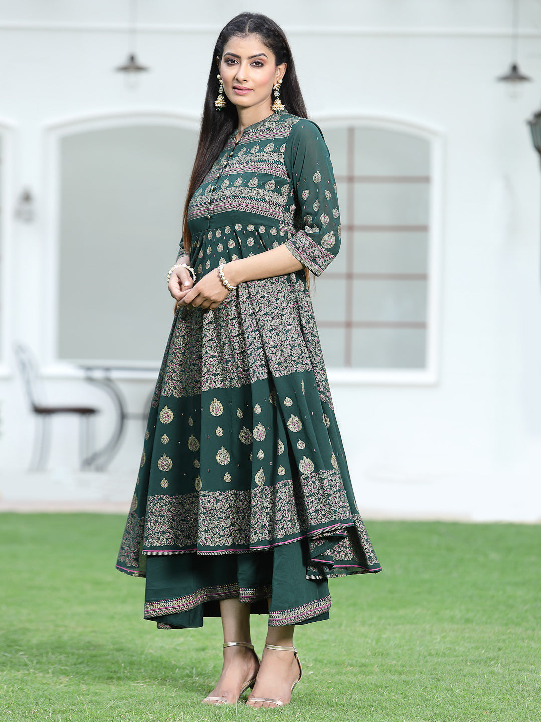 Juniper Womens ONN Jadegreen Georgette Foil Print Maxi Dress | Swadesiicart