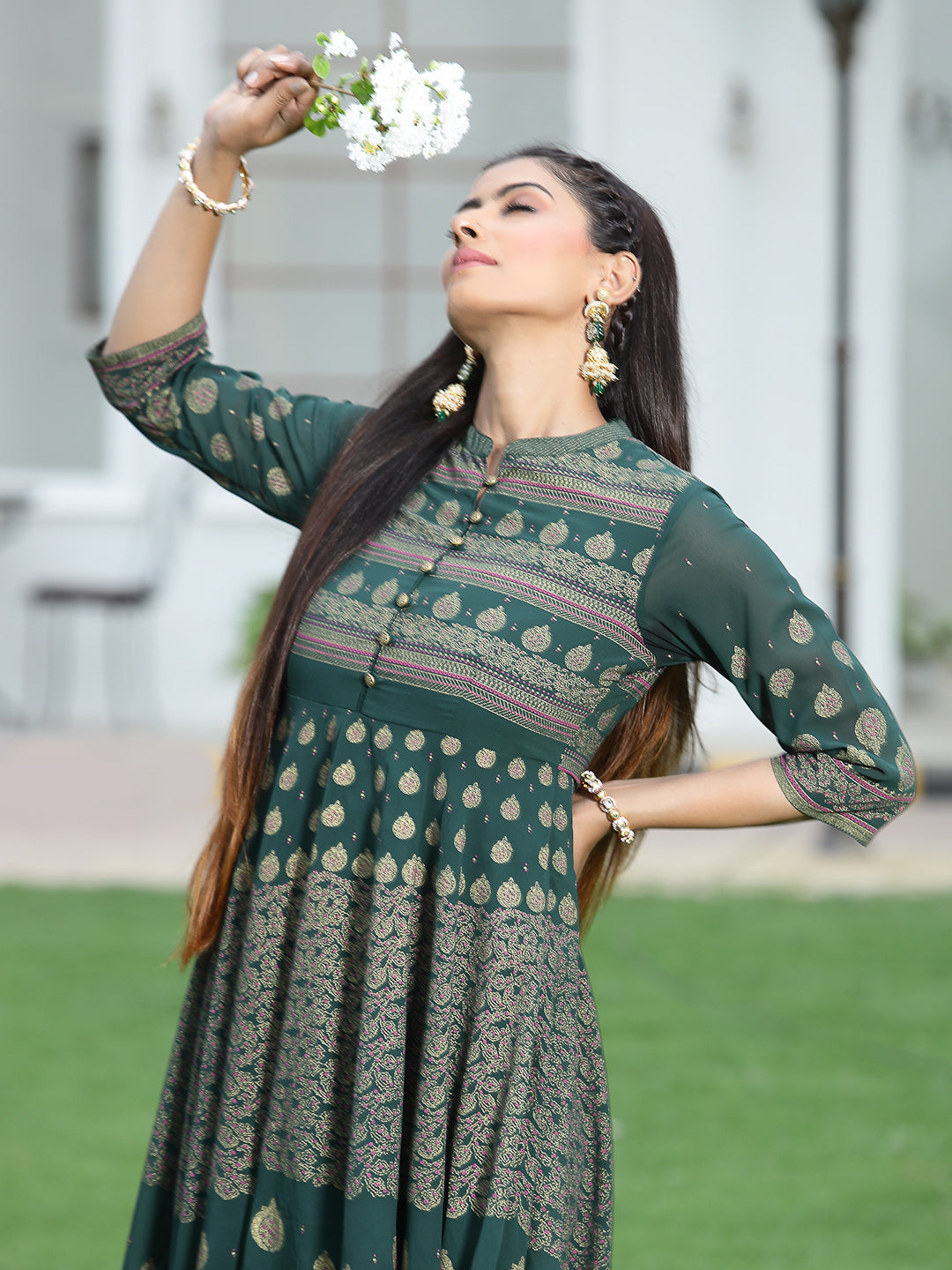 Juniper Womens ONN Jadegreen Georgette Foil Print Maxi Dress | Swadesiicart