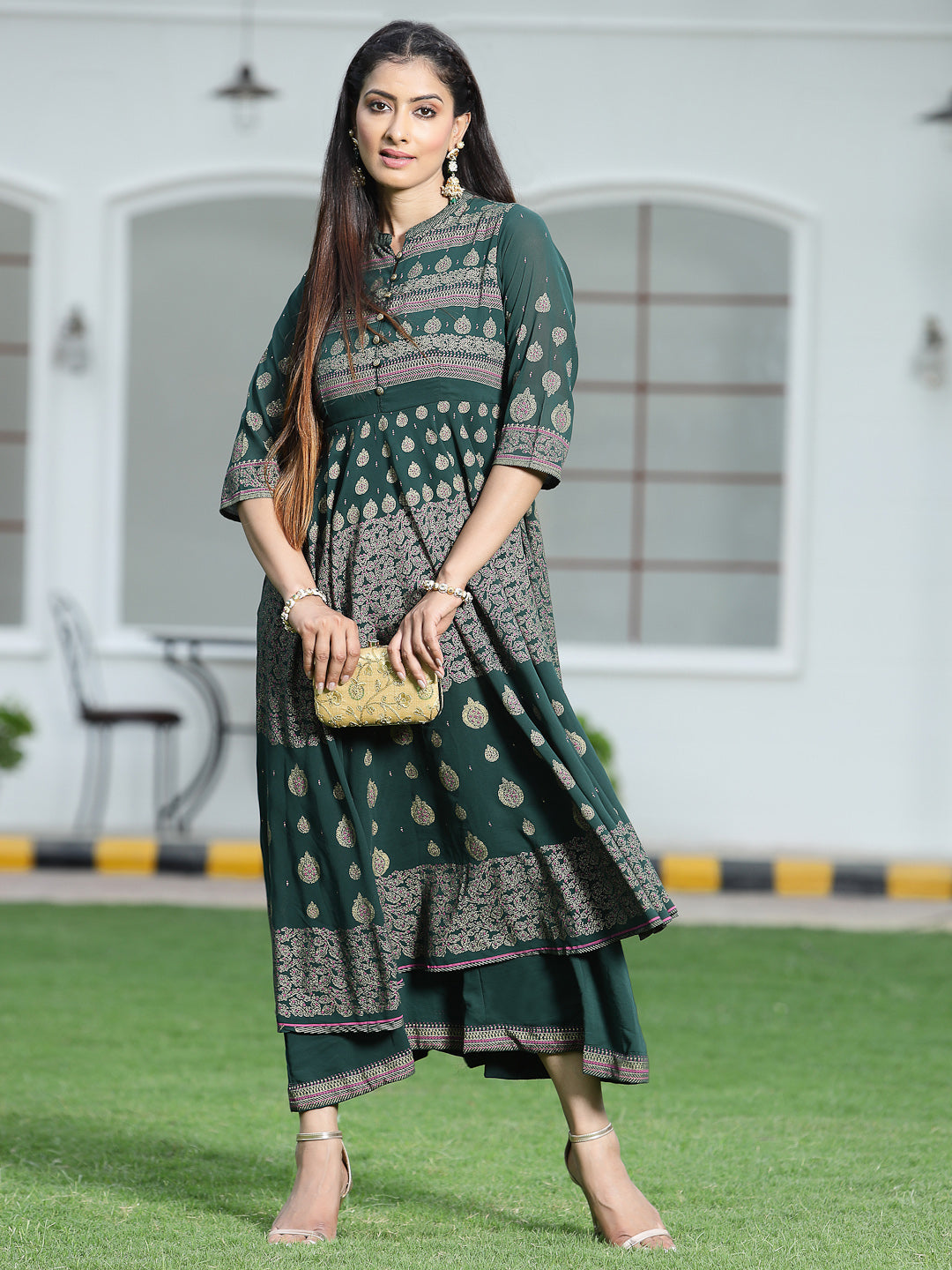 Juniper Womens ONN Jadegreen Georgette Foil Print Maxi Dress | Swadesiicart