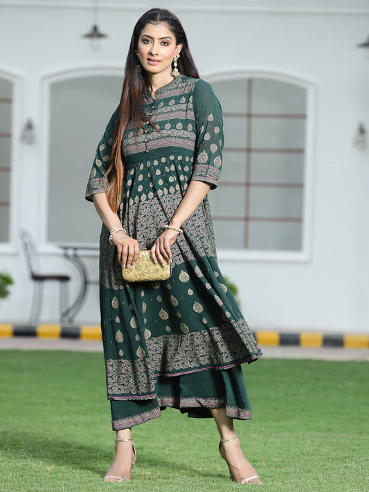 Juniper Womens ONN Jadegreen Georgette Foil Print Maxi Dress | Swadesiicart
