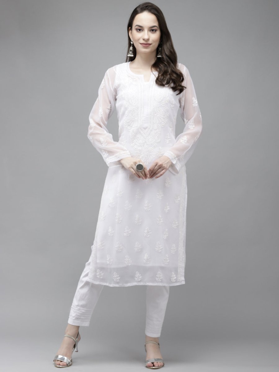 ADA Women White Ethnic Motifs Embroidered Regular Chikankari Handloom Kurta with Trousers | Swadesiicart