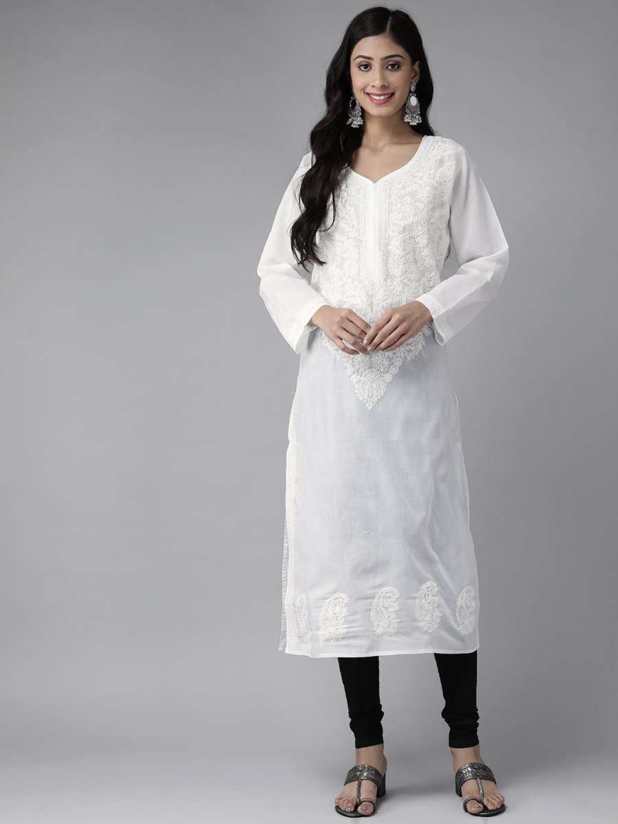 ADA Women White & Black Chikankari Embroidered Handloom Kurta with Cotton Churidar | Swadesiicart