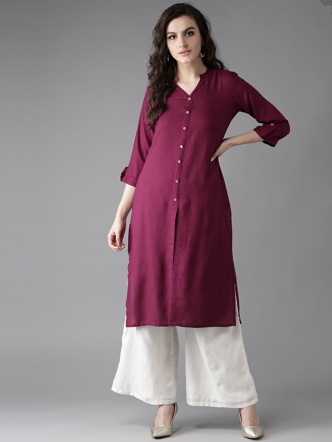 HERE&NOW Women Burgundy Solid Straight Kurta - Swadesiicart