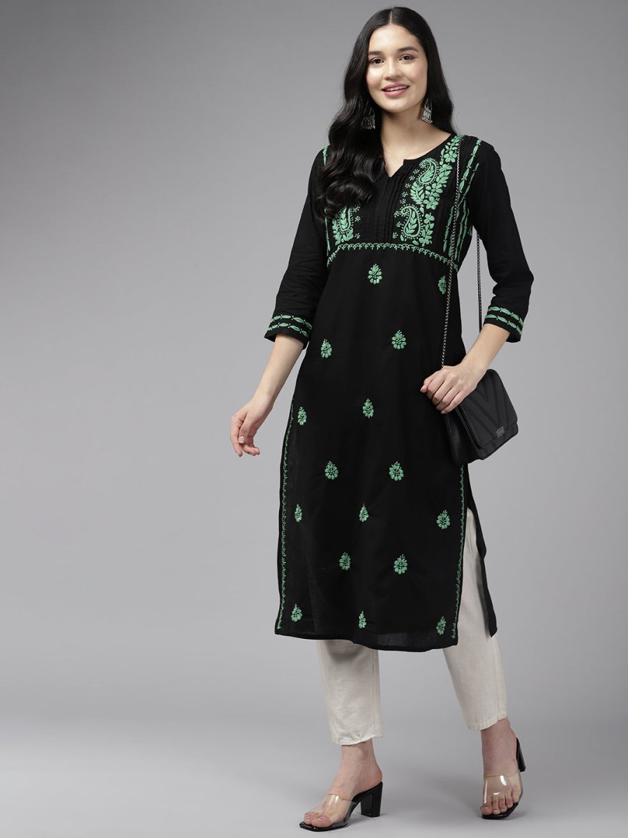 ADA Women Ethnic Motifs Embroidered Cotton Chikankari Floral Kurta | Swadesiicart