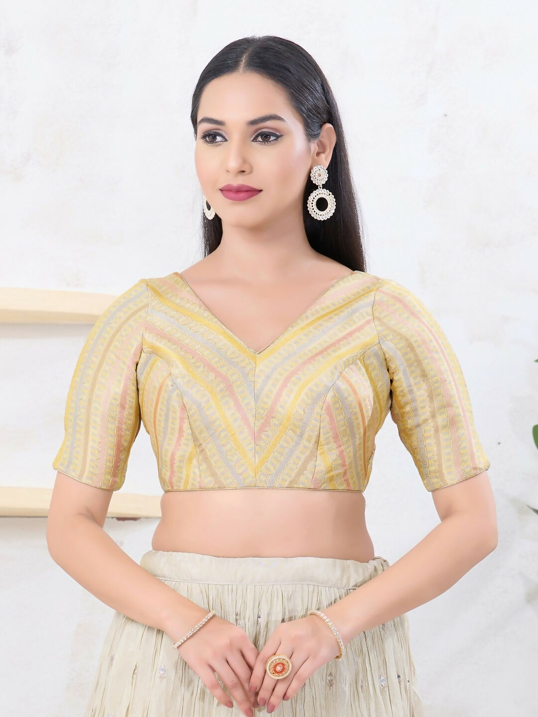 Joban Fashion Gold Jacquard Elbow Sleeveless Back Open Blouse - Swadesiicart