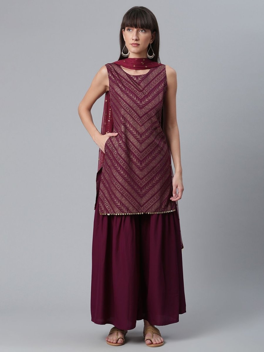Ahalyaa Wine Crepe Glitter Print Kurta with Sharara and dupatta Set | Swadesiicart