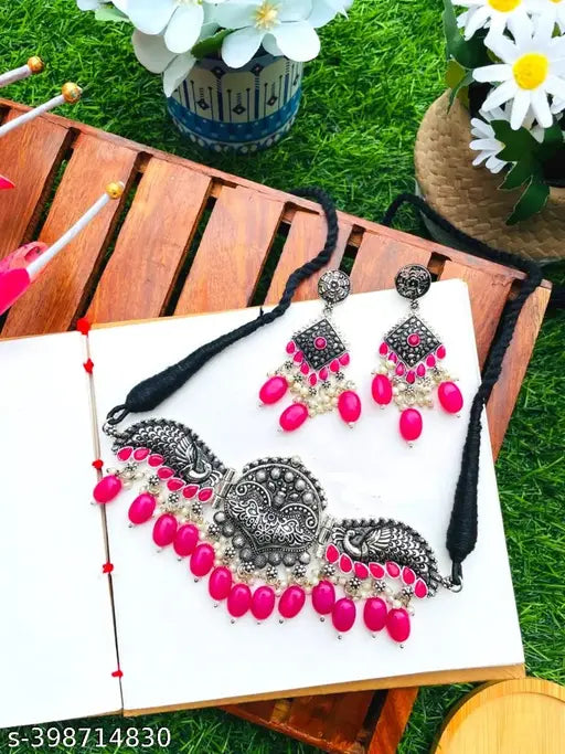 Tehzeeb Creations Women's Silver Plated Necklace Set With Rani Colour Pearl - Swadesiicart