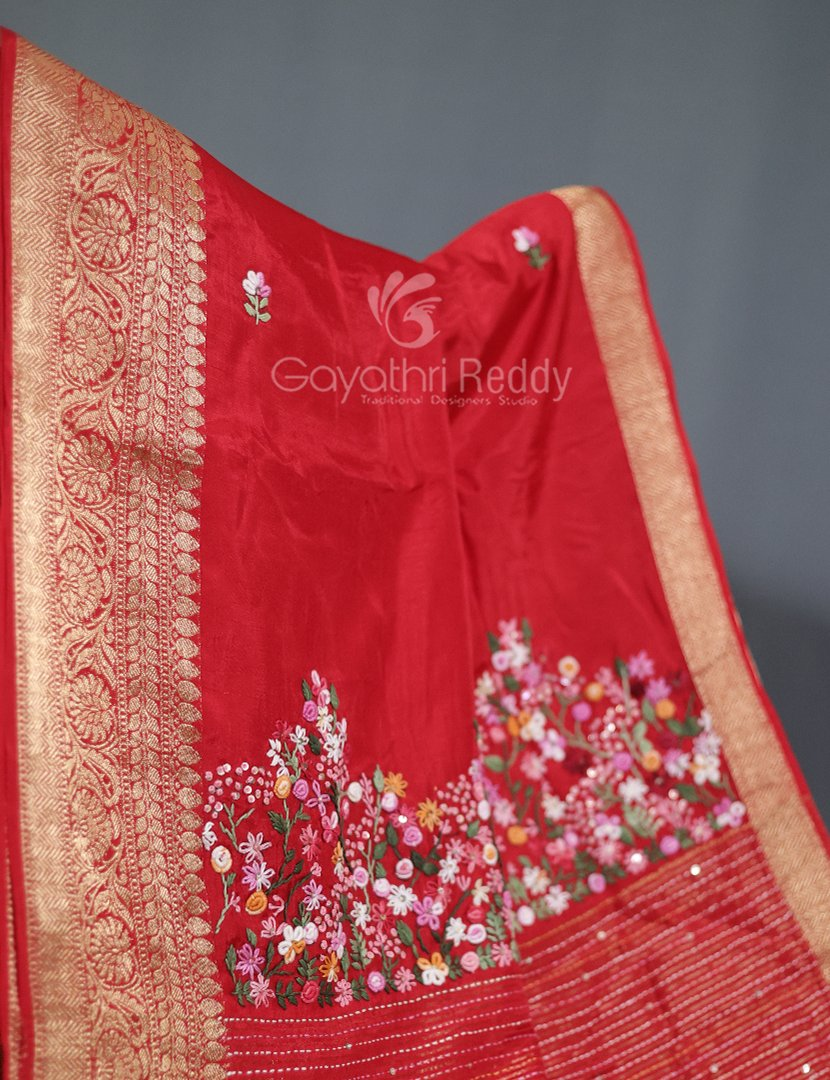 Vibrant Bright Red With Floral Motifs Pure Dola Silk Saree By Gayathri Reddy Designer Studio | Swadesiicart
