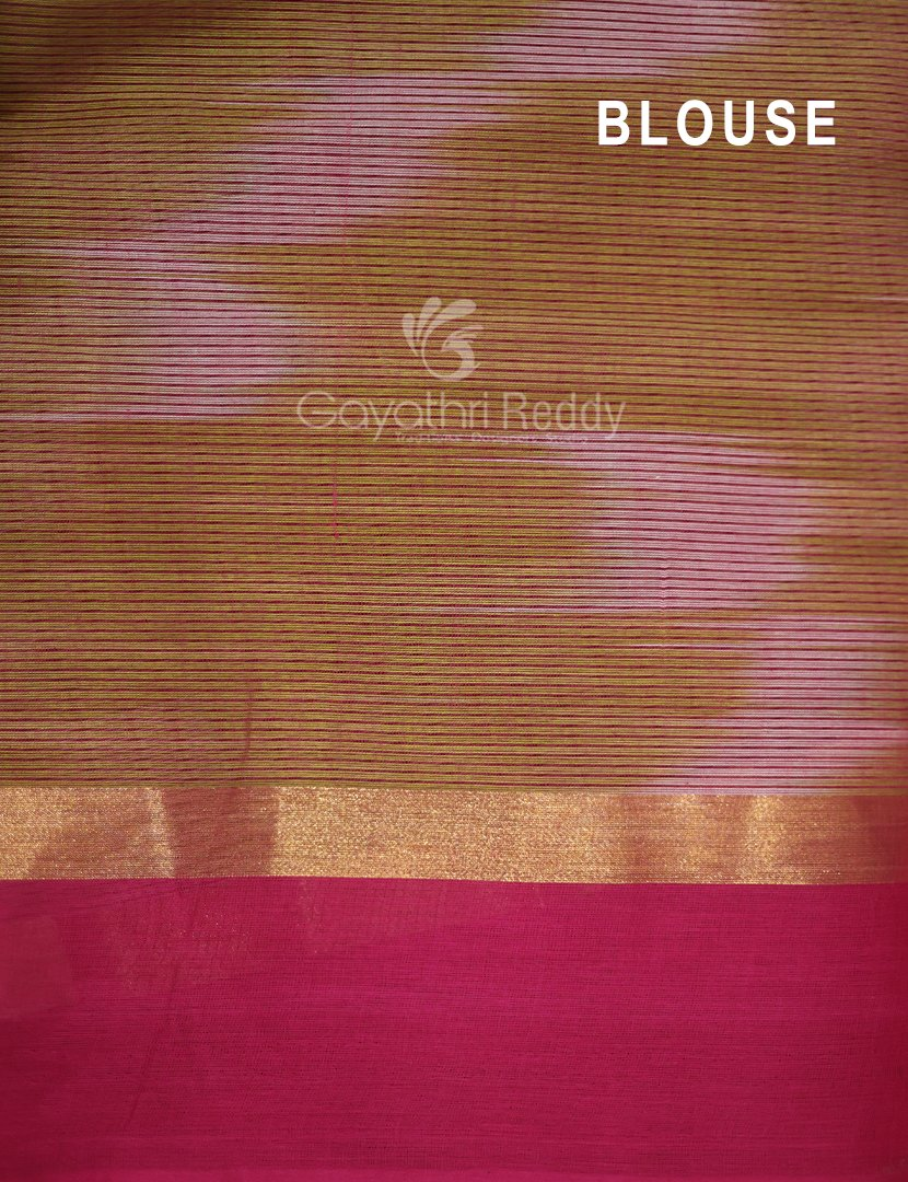 Dual Shades of Parrot Green And Pink Mangalagiri Ikkat Cotton Saree By Gayathri Reddy Designer Studio | Swadesiicart