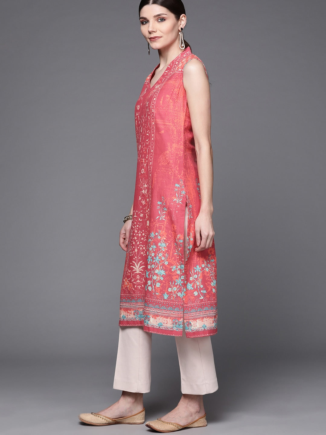 Biba Women Pink Pure Cotton Ethnic Motifs Printed V-Neck Sleeveless Kurta - Swadesiicart