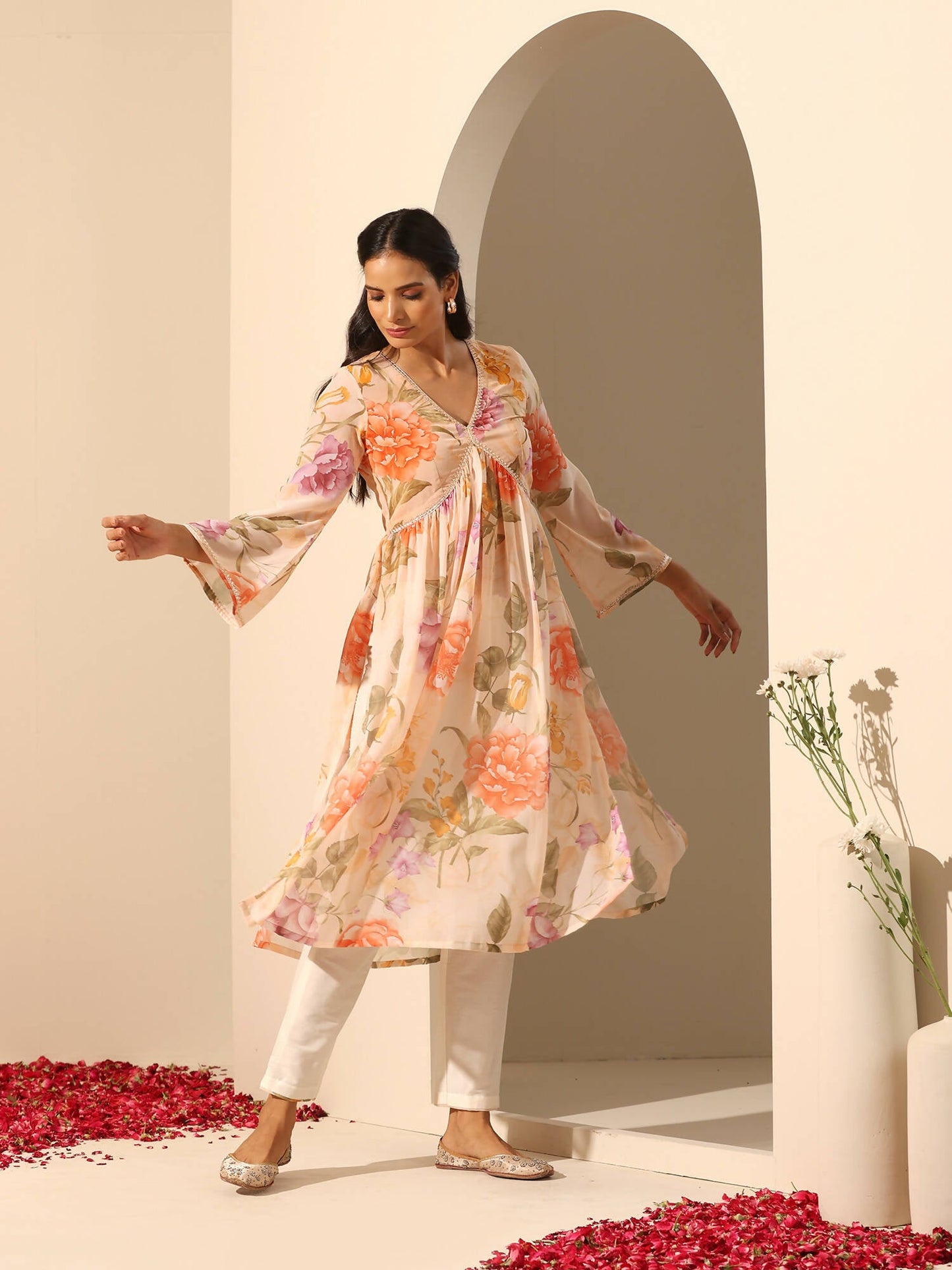 Pomcha Jaipur Peach Gul Ruhani Suit Set | Swadesiicart