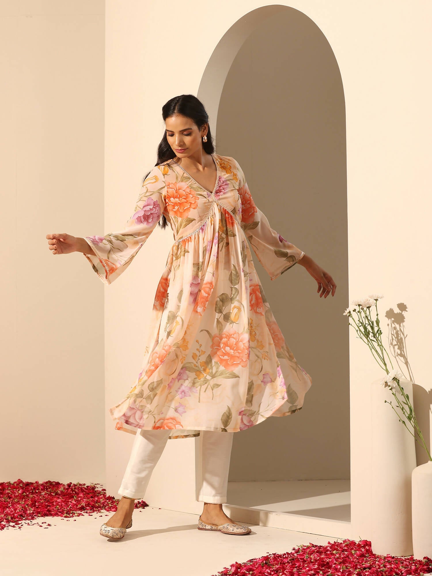 Pomcha Jaipur Peach Gul Ruhani Suit Set | Swadesiicart