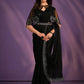 Black Crepe Satin Silk Embroidered Saree With Stitched Blouse - Mohmanthan Exotica