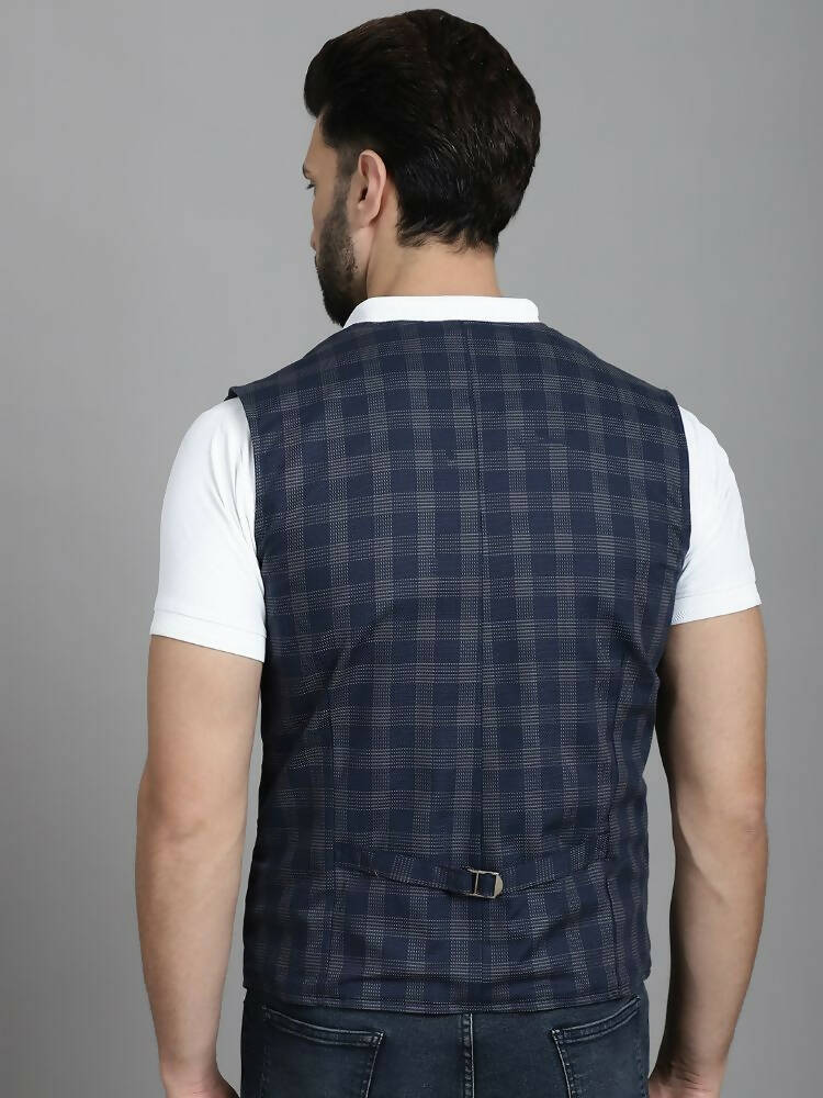 Even Apparels Checked Waistcoat With Welt Pockets - Navy Blue | Swadesiicart