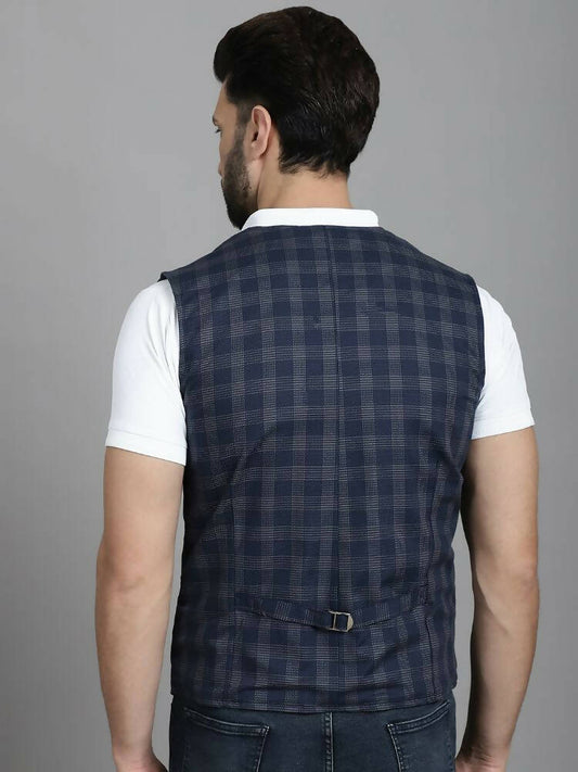 Even Apparels Checked Waistcoat With Welt Pockets - Navy Blue | Swadesiicart