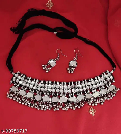 Tehzeeb Creations Women's Silver Plated Necklace Set With Mirror Design - Swadesiicart