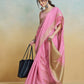 Anaita Pink Handloom Khadi Silk Zari Woven Work Saree With Blouse Piece