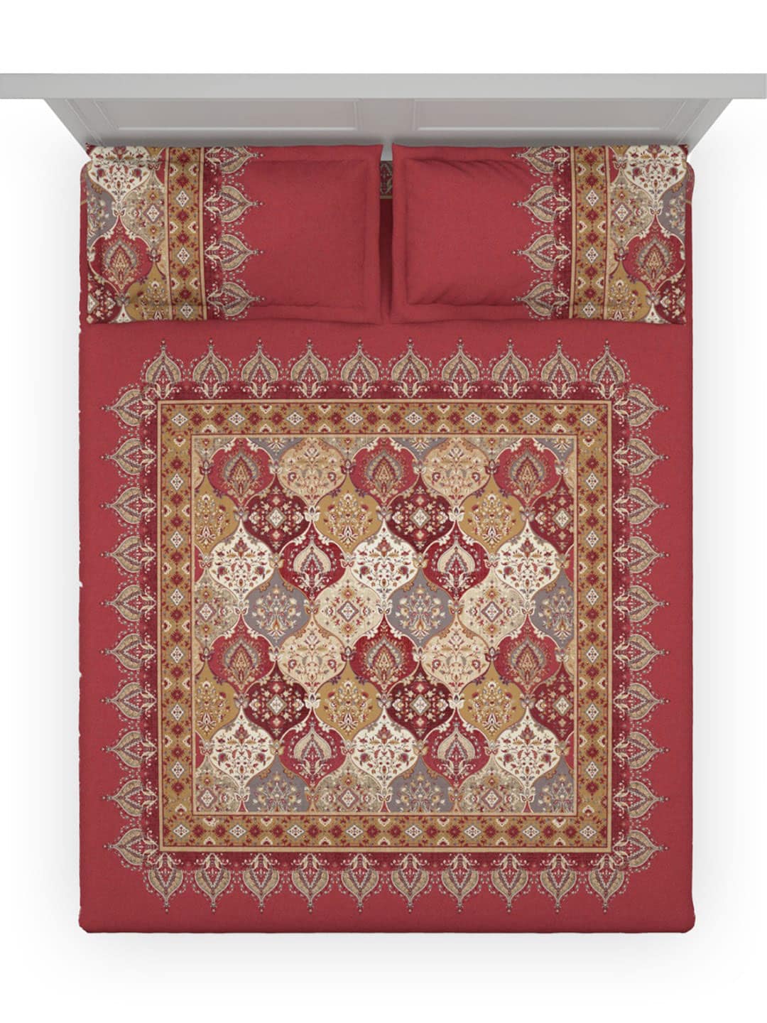 DDecor Red & White Ethnic Motifs Cotton 140 TC King Bedsheet with 2 Pillow Covers - Swadesiicart