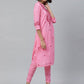ADA Women Pink & Red Chikankari Embroidered Sustainable Handloom Kurta with Trousers | Swadesiicart