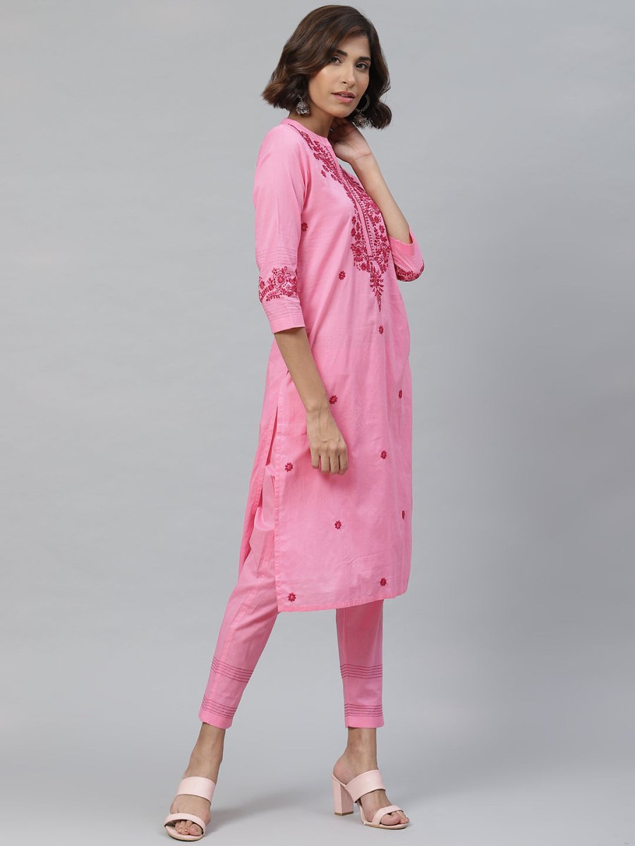 ADA Women Pink & Red Chikankari Embroidered Sustainable Handloom Kurta with Trousers | Swadesiicart