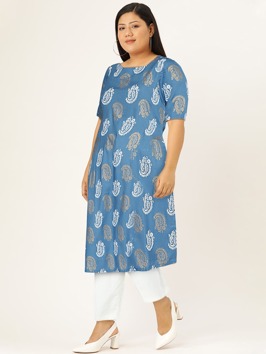 HERE&NOW Women Blue & Golden Paisley Printed Straight Kurta - Swadesiicart