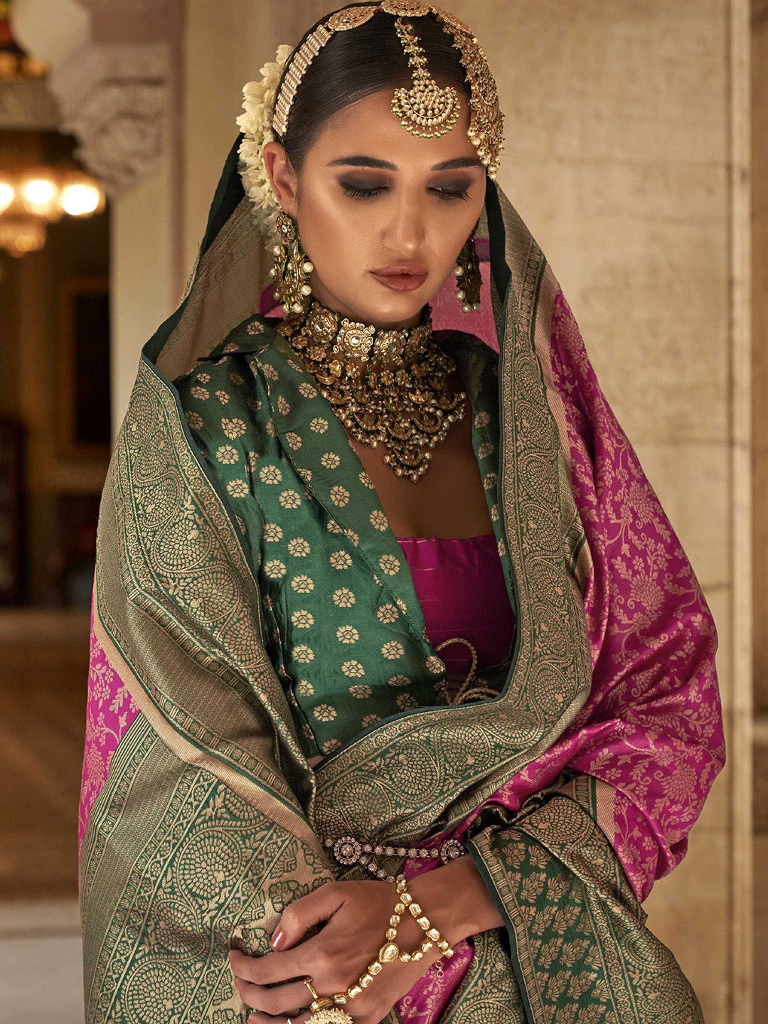 Mitera Pink & Green Floral Woven Design Zari Banarasi Saree | Swadesiicart