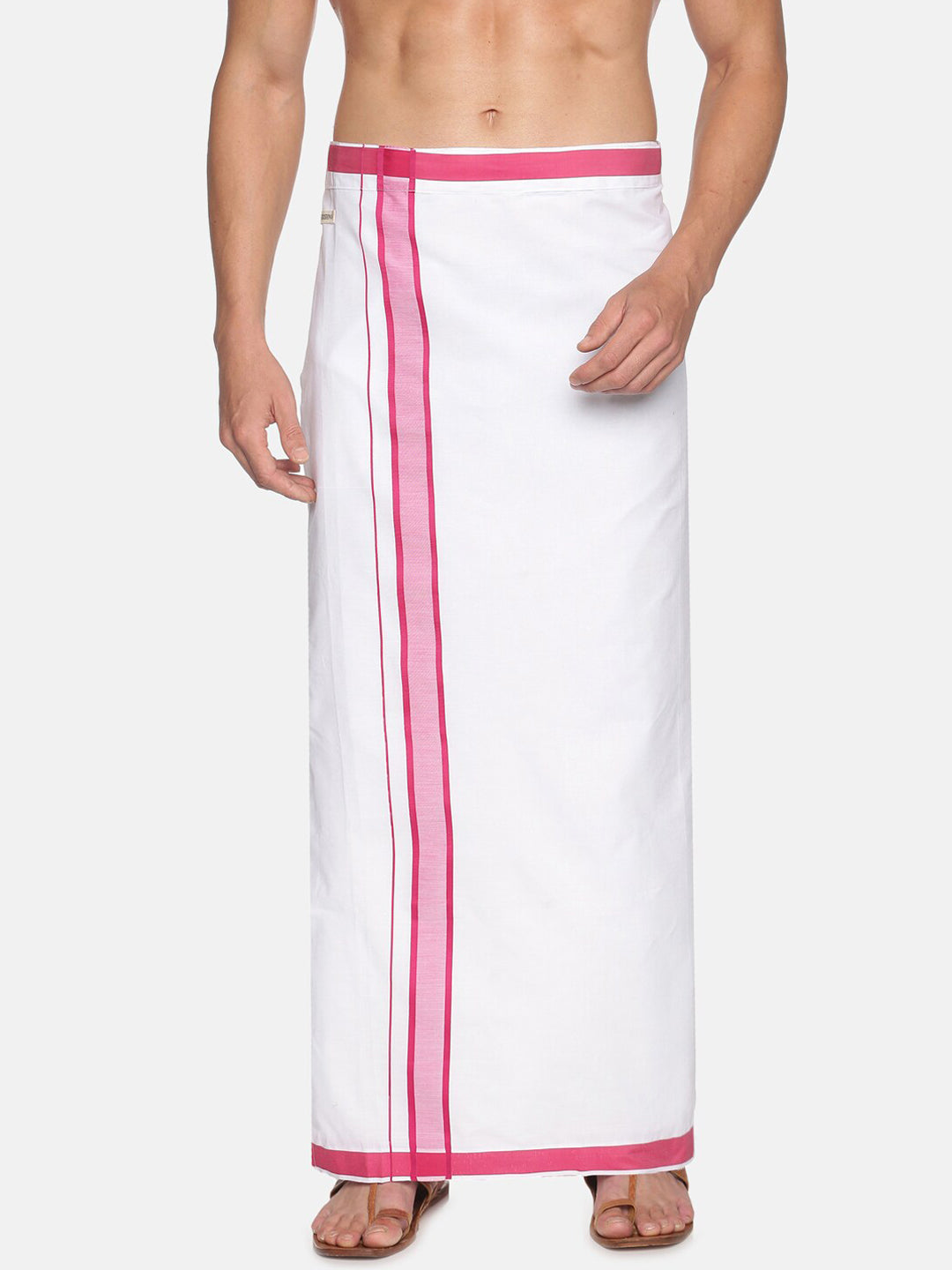 Sethukrishna White & Pink Solid Cotton Dhoti For Men | Swadesiicart