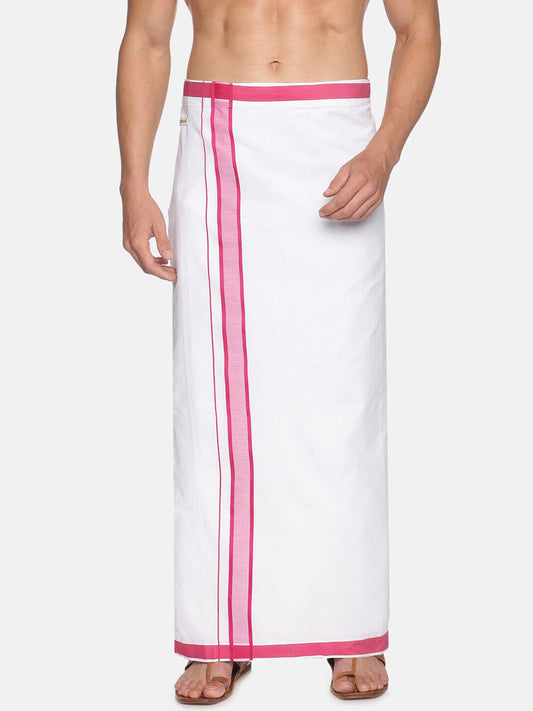 Sethukrishna White & Pink Solid Cotton Dhoti For Men | Swadesiicart